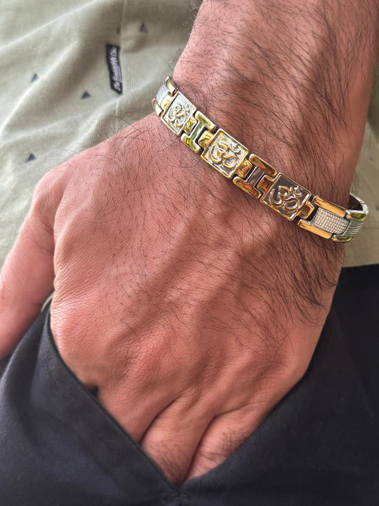 Combo: Gold Silver triple name Ohm bracelet + Chain + Rudraksh Pendant