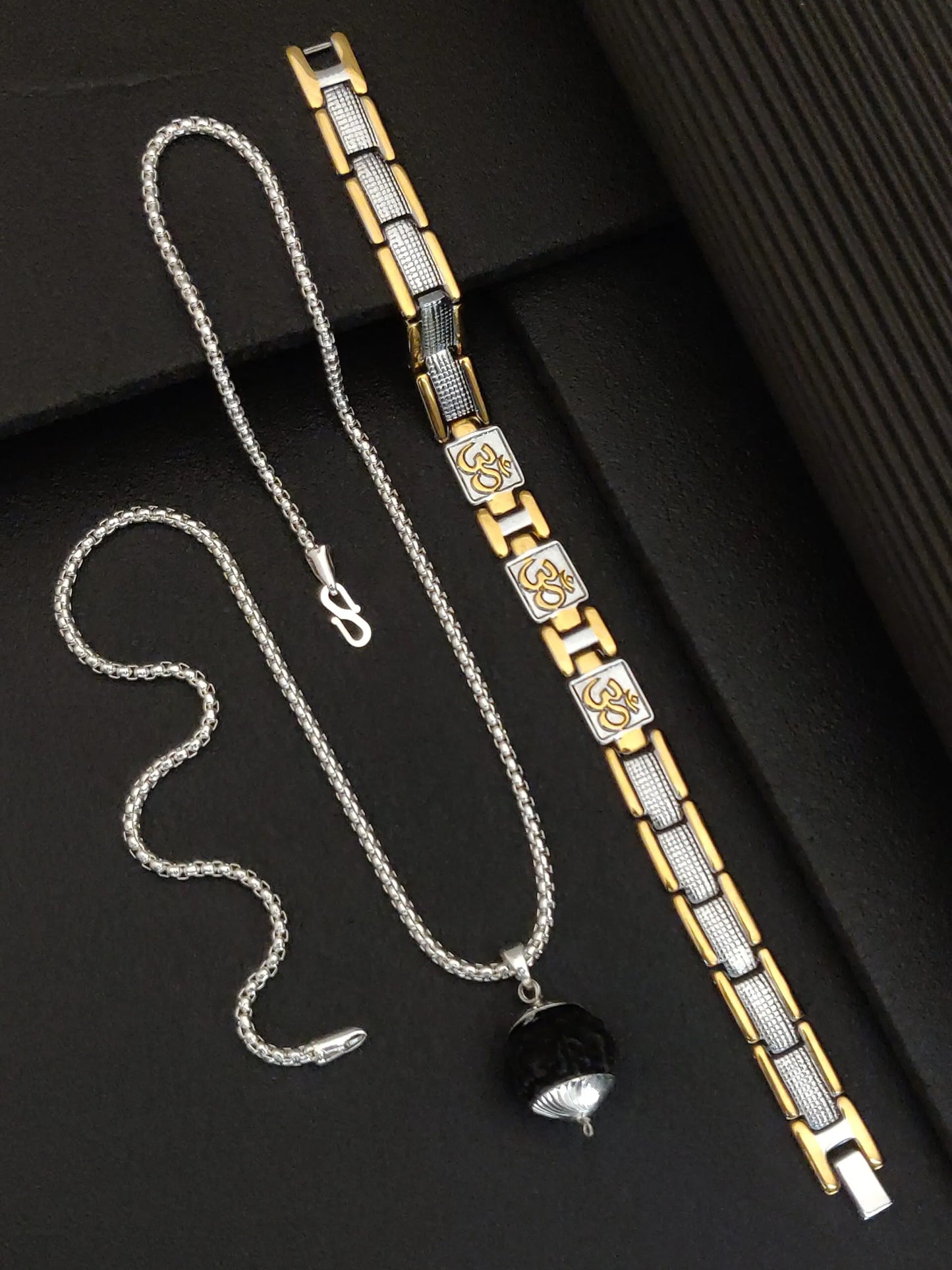 Combo: Gold Silver triple name Ohm bracelet + Chain + Rudraksh Pendant
