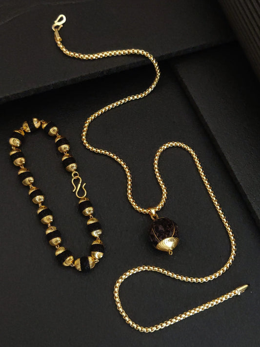 Gold Plated Vertical Rudraksh Bracelet+Pendent+Chain