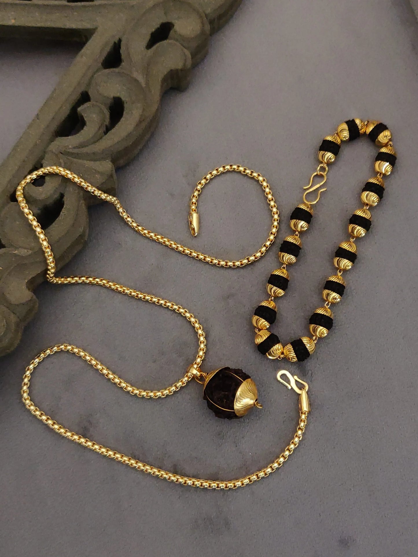 Gold Plated Vertical Rudraksh Bracelet+Pendent+Chain
