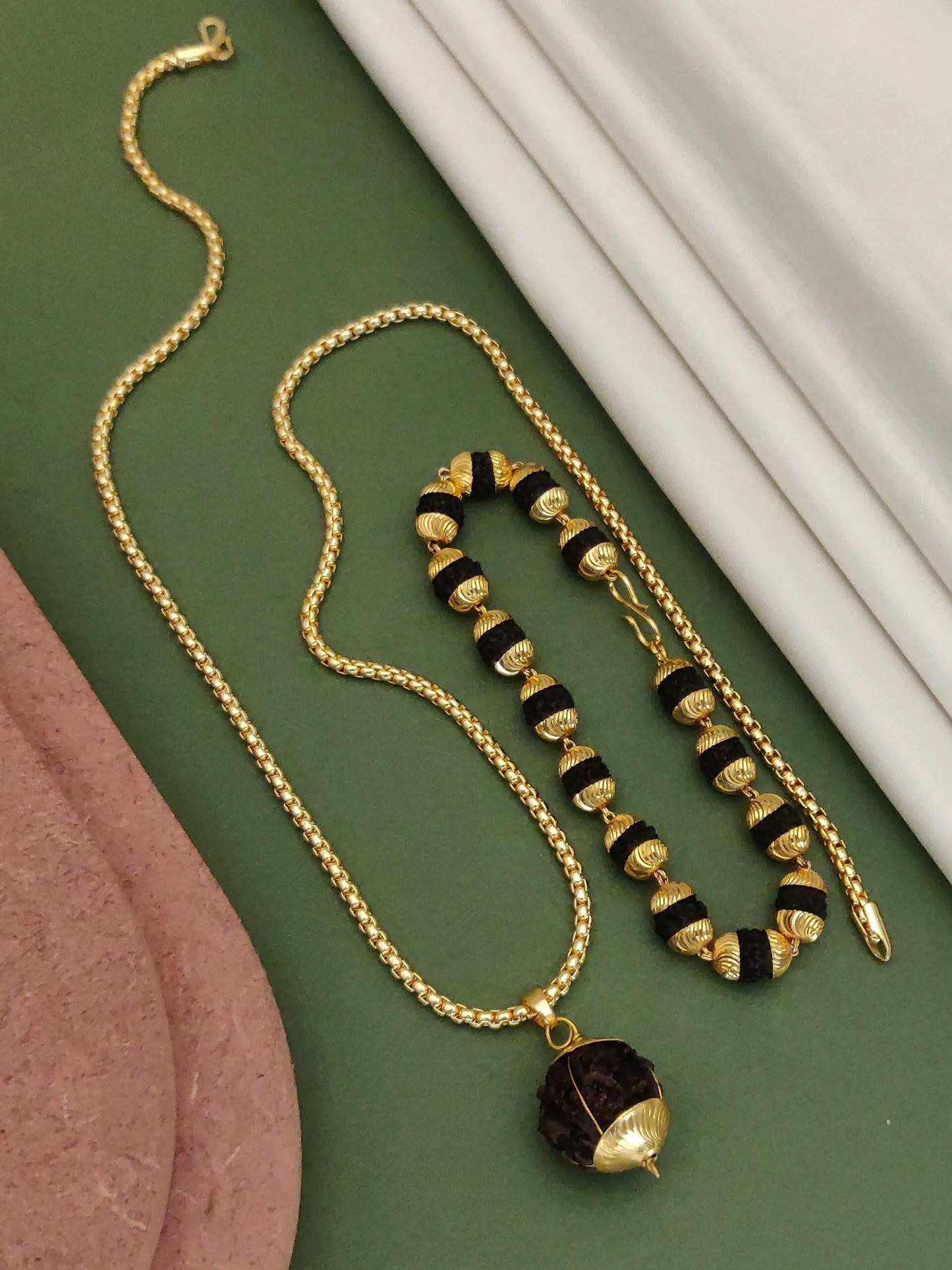 Gold Plated Vertical Rudraksh Bracelet+Pendent+Chain