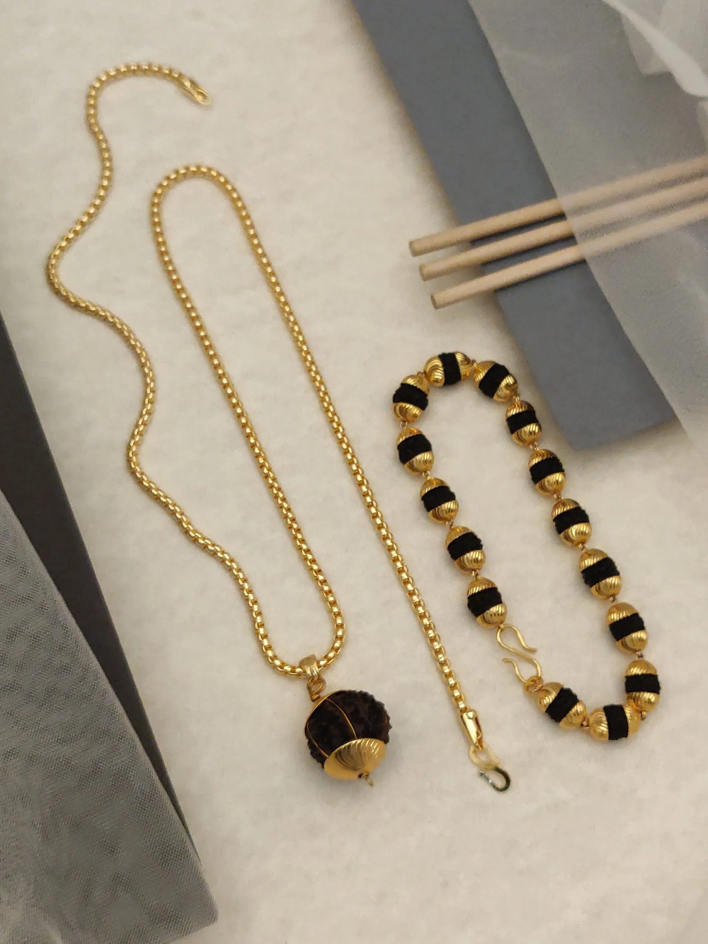 Gold Plated Vertical Rudraksh Bracelet+Pendent+Chain