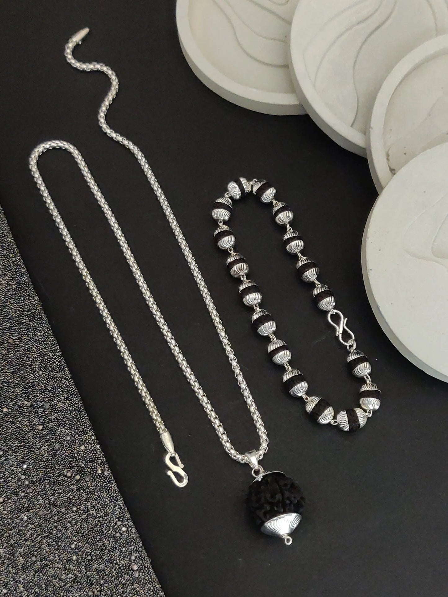 Silver plated vertical rudraksh bracelet+pendent+chain