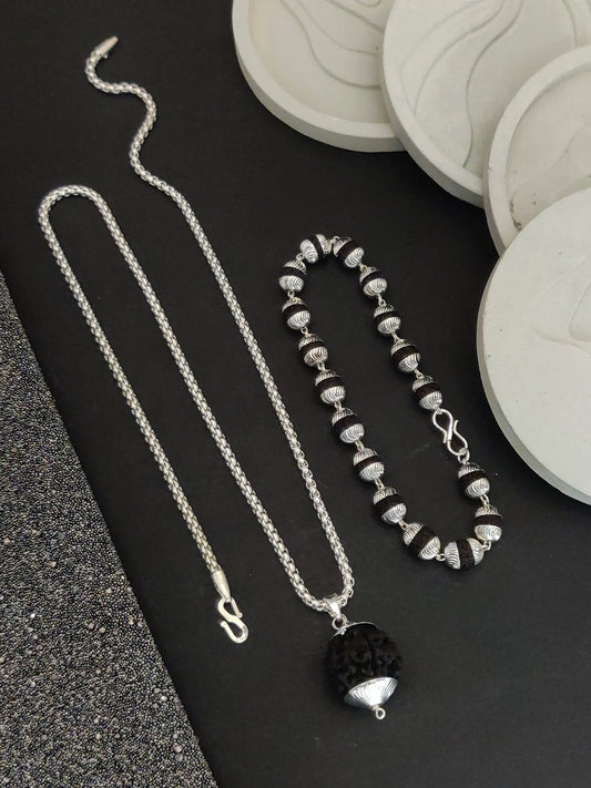 Silver plated vertical rudraksh bracelet+pendent+chain