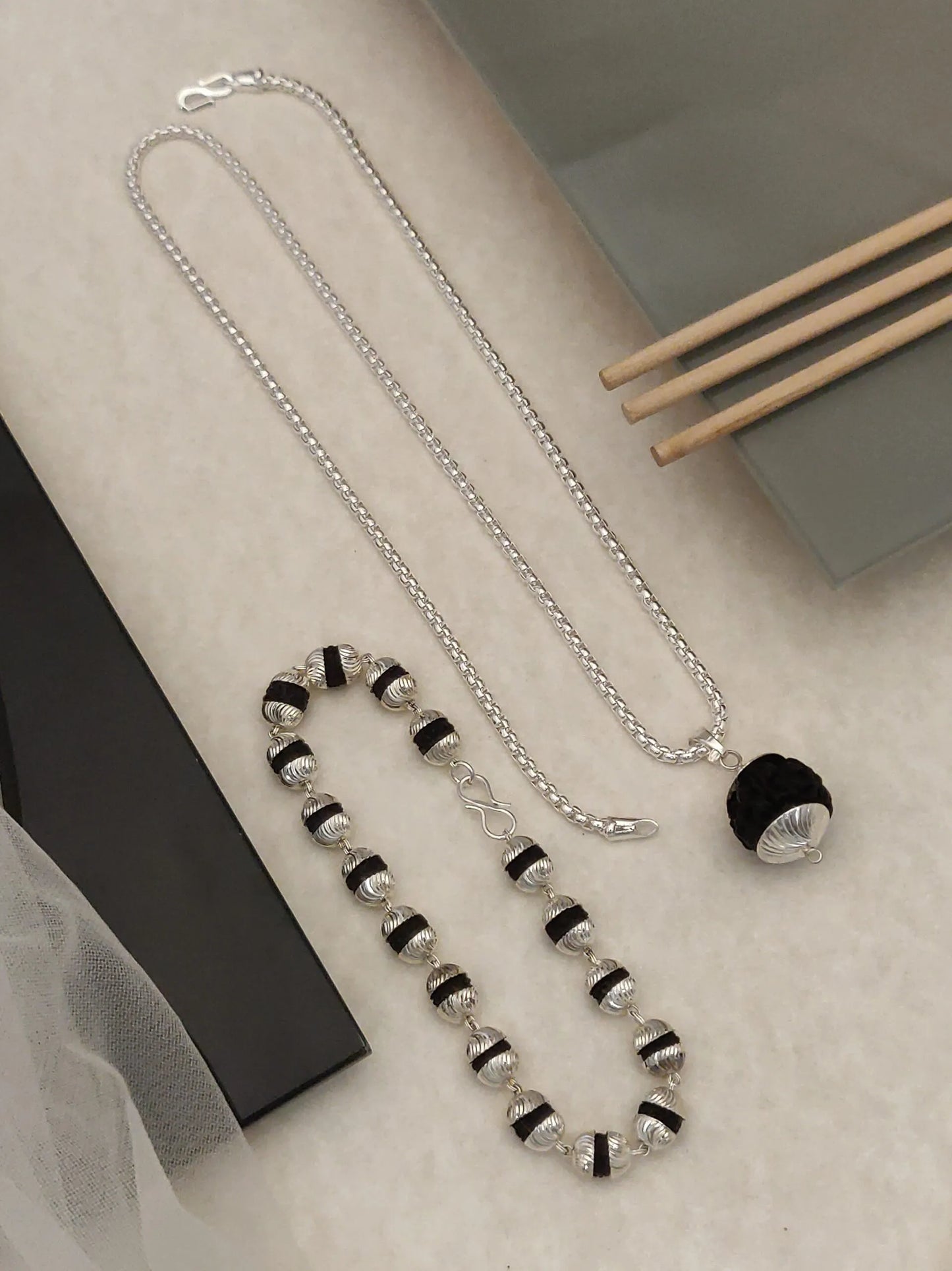 Silver plated vertical rudraksh bracelet+pendent+chain
