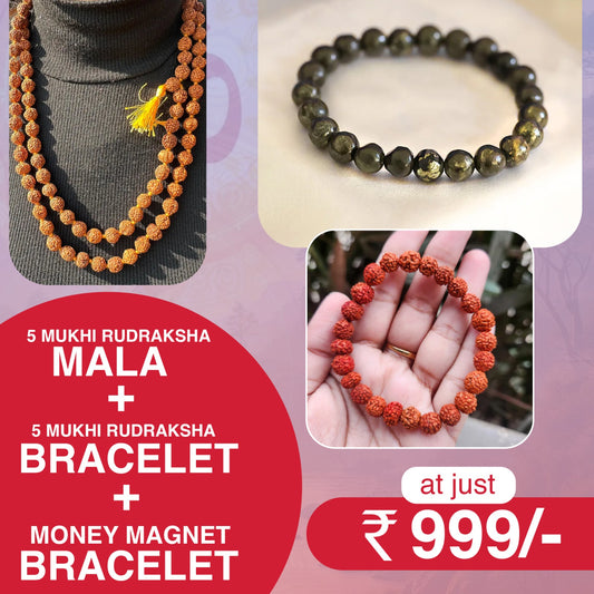 Spiritual Wellness Combo – Rudraksha Mala + Rudraksha Bracelet + Money Magnet Bracelet
