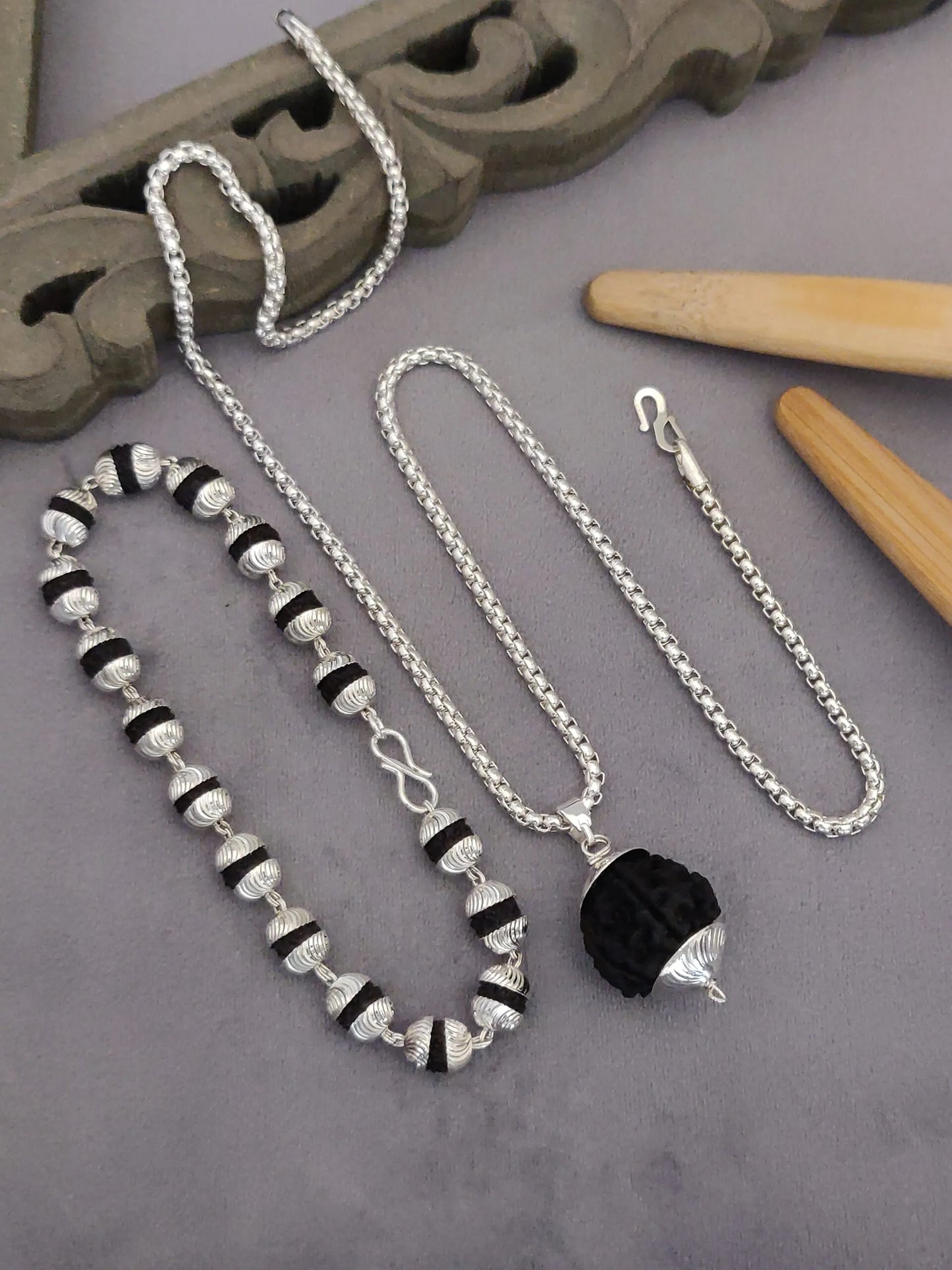 Silver plated vertical rudraksh bracelet+pendent+chain
