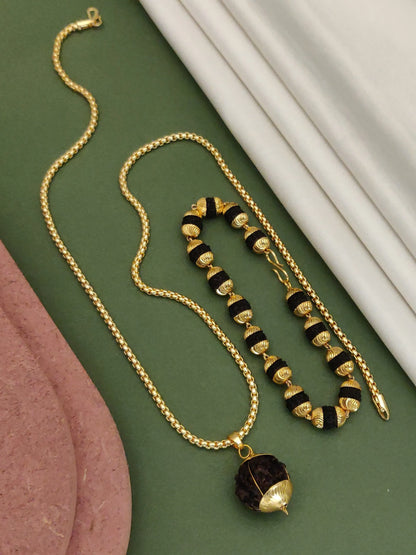 Gold Plated Vertical Rudraksh Bracelet+Pendent+Chain