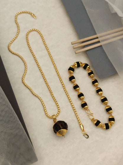 Gold Plated Vertical Rudraksh Bracelet+Pendent+Chain