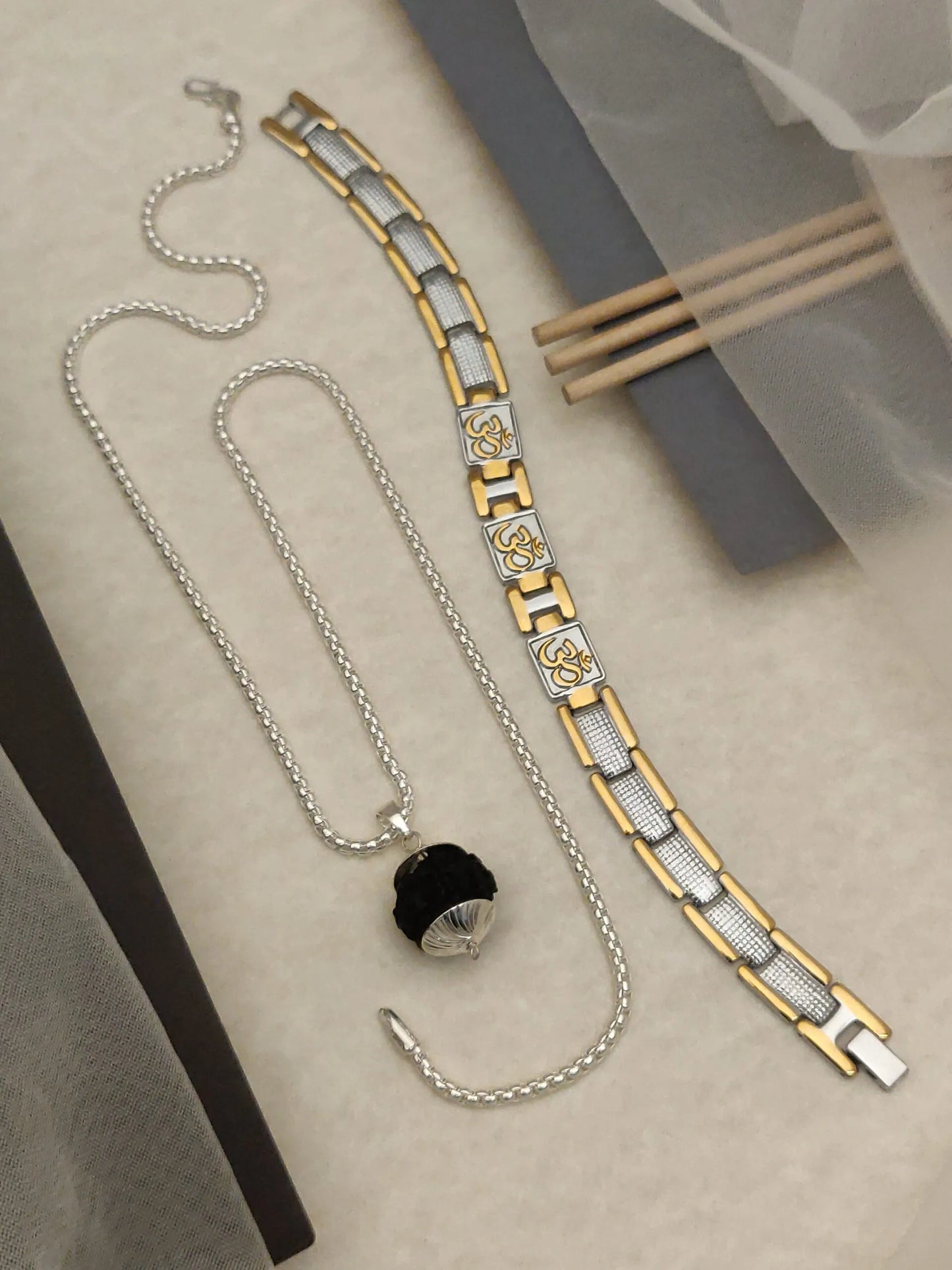 Combo: Gold Silver triple name Ohm bracelet + Chain + Rudraksh Pendant