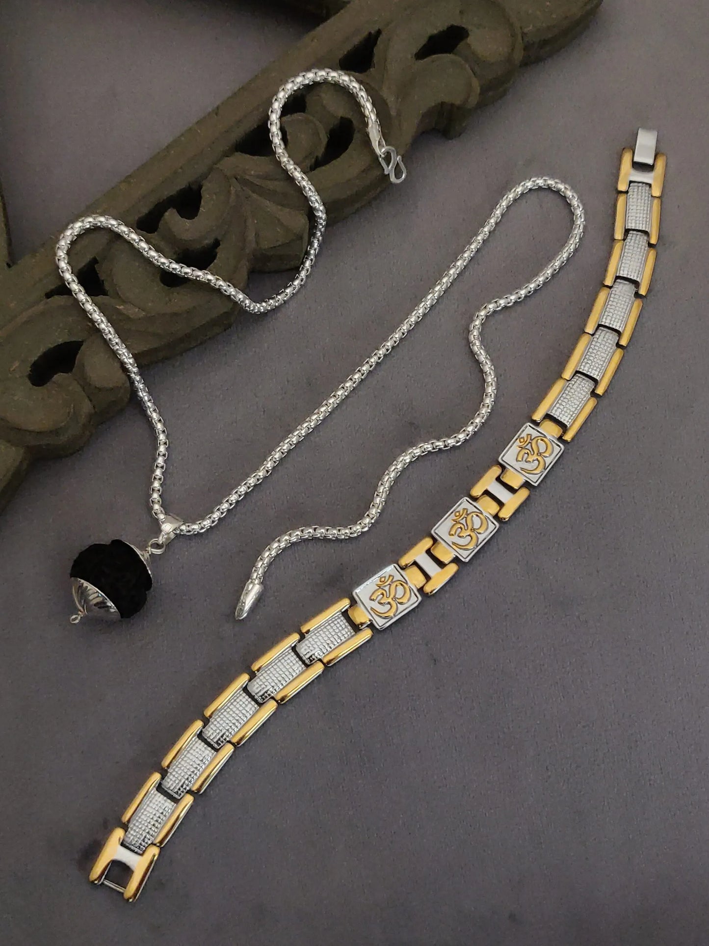 Combo: Gold Silver triple name Ohm bracelet + Chain + Rudraksh Pendant